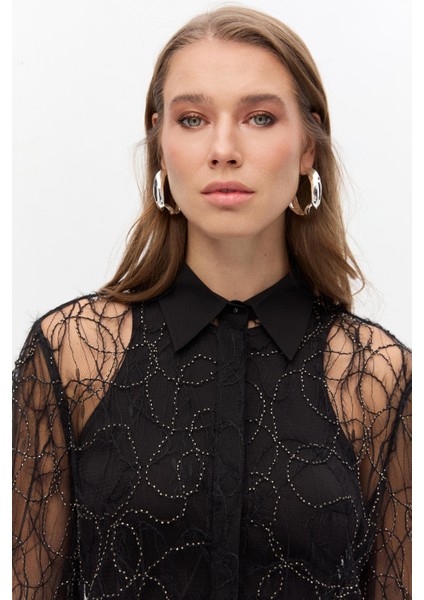 Boncuklu Balon Kol Gömlek