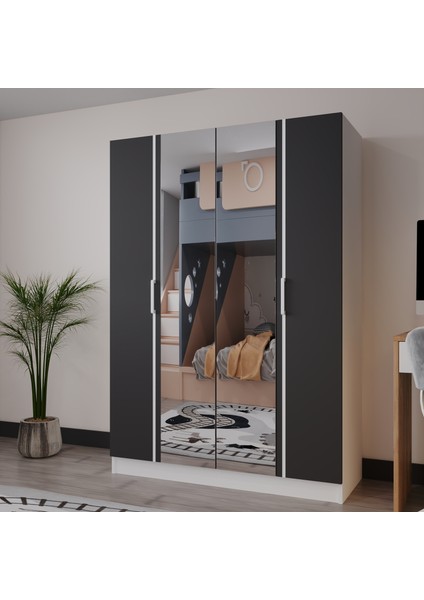 Piyano 4 Kapaklı Dolap Genç Odası-Çocuk Odası Gardırop Antrasit Beyaz Aynalı