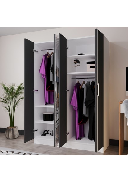 Piyano 4 Kapaklı Dolap Genç Odası-Çocuk Odası Gardırop Antrasit Beyaz Aynalı fiyatları