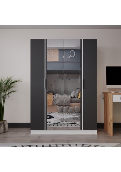 Piyano 4 Kapaklı Dolap Genç Odası-Çocuk Odası Gardırop Antrasit Beyaz Aynalı modelleri