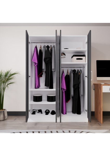 Piyano 4 Kapaklı Dolap Genç Odası-Çocuk Odası Gardırop Antrasit Beyaz Aynalı fırsatları