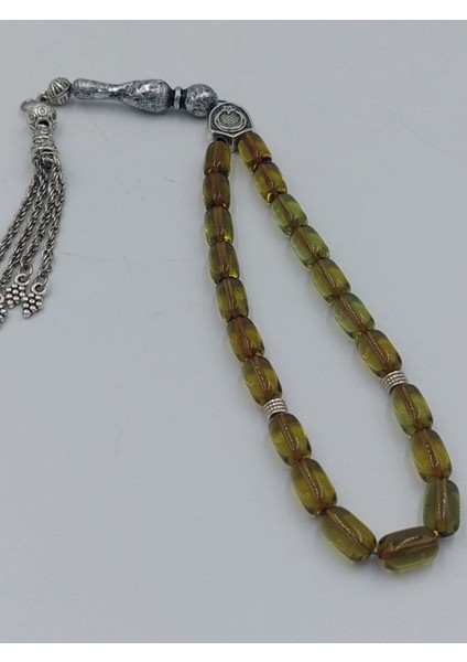 Şeffaf Yeşil Bilek Boy Alpaka Püskül Kehribar Tespih (Ahşap Kutu)