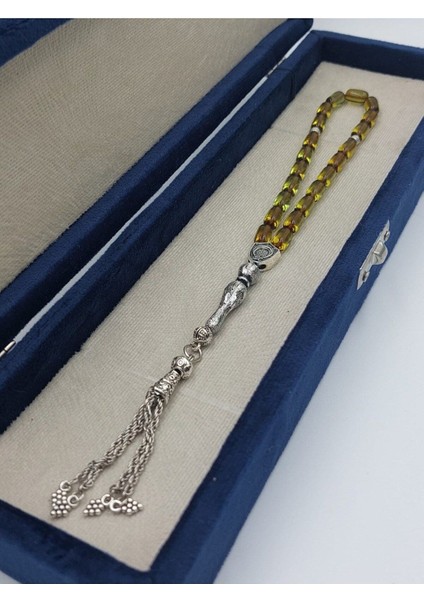 Şeffaf Yeşil Bilek Boy Alpaka Püskül Kehribar Tespih (Ahşap Kutu)