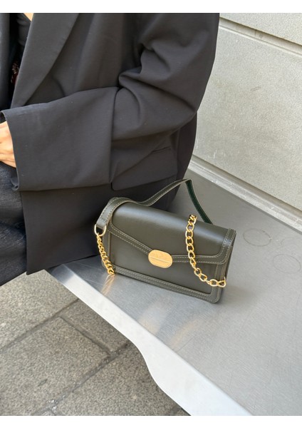 Ilot.ıstanbul | Gold Tokalı Zincir Askılı Koyu Yeşil Kapaklı Çanta Klasik Mini Omuz Çantası fırsatları