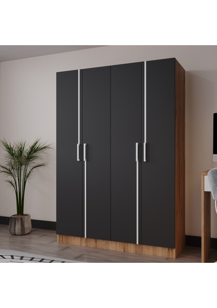 Piyano 4 Kapaklı Dolap Genç Odası-Çocuk Odası Gardırop Antrasit-Atlantik Çam