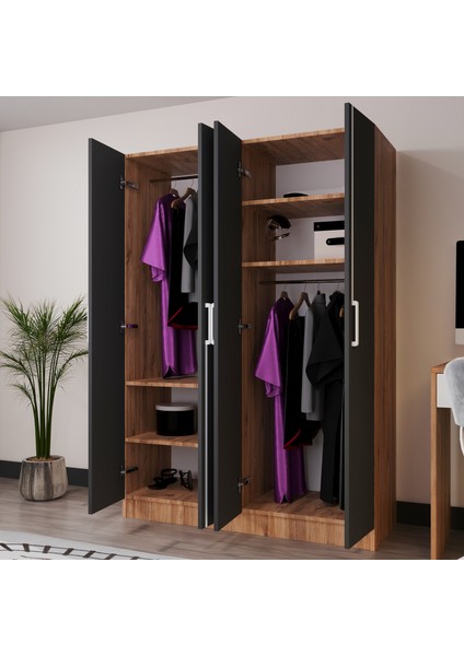 Piyano 4 Kapaklı Dolap Genç Odası-Çocuk Odası Gardırop Antrasit-Atlantik Çam fiyatları