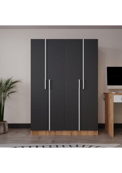 Piyano 4 Kapaklı Dolap Genç Odası-Çocuk Odası Gardırop Antrasit-Atlantik Çam modelleri