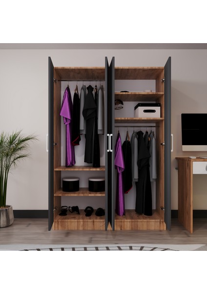 Piyano 4 Kapaklı Dolap Genç Odası-Çocuk Odası Gardırop Antrasit-Atlantik Çam fırsatları