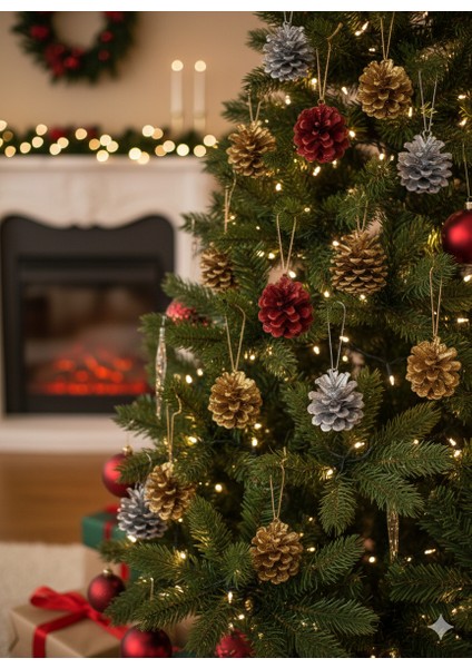 (Boyasız)10'lu Ham Doğal Kozalak Seti – Simli Gold Ipli Yılbaşı Çam Ağacı Etkinlik Süsü