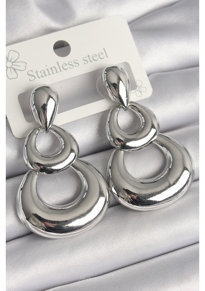 Pirinç Gümüş Renk Damla Detay Sallantı Halka Model Kadın Küpe