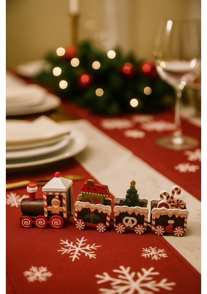 4 Parça Yılbaşı Treni Seti (21 Cm) - Ahşap Dekoratif Mini Tren Figürü | Masa Üstü ve Ev Dekorasyonu