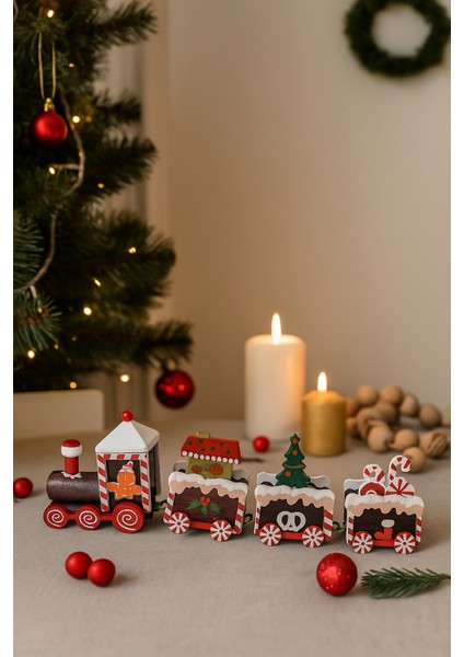 4 Parça Yılbaşı Treni Seti (21 Cm) - Ahşap Dekoratif Mini Tren Figürü | Masa Üstü ve Ev Dekorasyonu modelleri