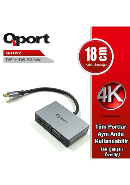 Qport Q-Thv2 18CM Tip-C=>hdmı+Vga Çevirici