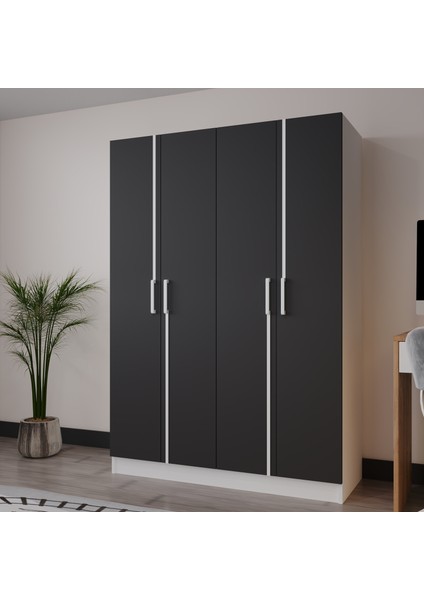 Piyano 4 Kapaklı Dolap Genç Odası-Çocuk Odası Gardırop Antrasit-Beyaz