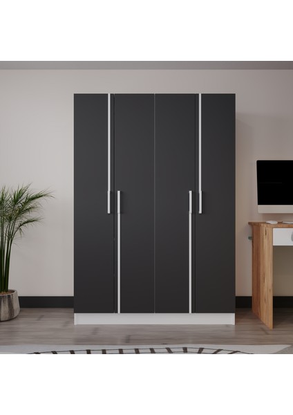 Piyano 4 Kapaklı Dolap Genç Odası-Çocuk Odası Gardırop Antrasit-Beyaz modelleri