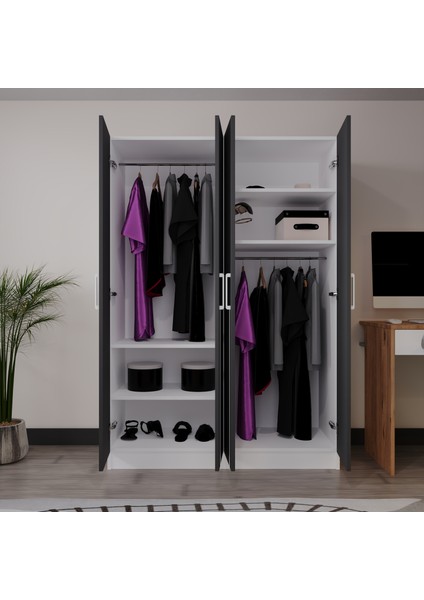 Piyano 4 Kapaklı Dolap Genç Odası-Çocuk Odası Gardırop Antrasit-Beyaz fırsatları