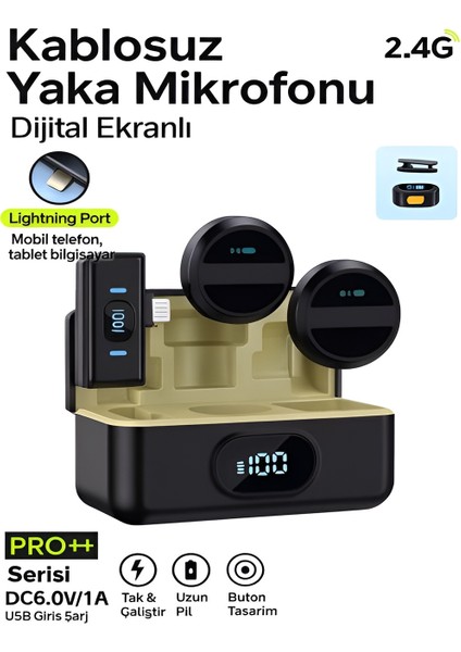 Lightining Girişli 300MAH Dijital Göstergeli 2.4g Kablosuz Çift Yaka Mikrofonu Pro++