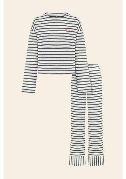 Pamuklu Çizgili Uzun Kollu Pijama Takımı / Yeşil
