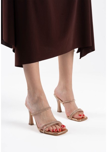 Alvina Premium Bronz Ayna Taşlı Kadın Topuklu Terlik