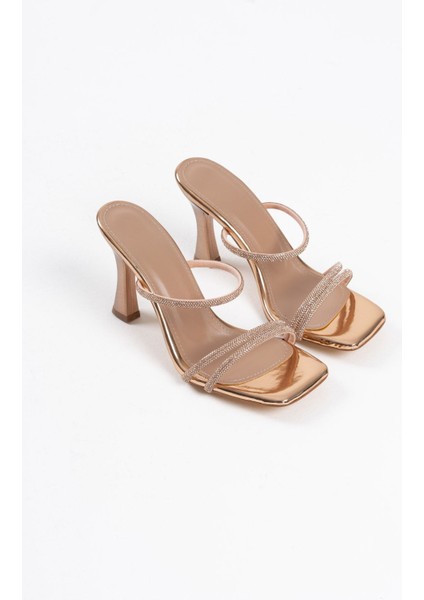 Alvina Premium Bronz Ayna Taşlı Kadın Topuklu Terlik