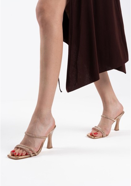 Alvina Premium Bronz Ayna Taşlı Kadın Topuklu Terlik