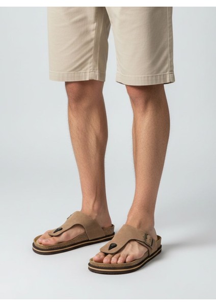 H2514 Hakiki Nubuk Deri Ortopedik Parmak Arası Kum Beji Erkek Terlik