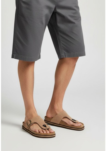 H2514 Hakiki Nubuk Deri Ortopedik Parmak Arası Kum Beji Erkek Terlik