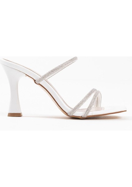 Alvina Premium Beyaz Taşlı İnce Bantlı Kadın Topuklu Terlik