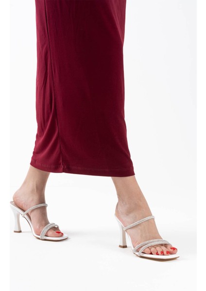 Alvina Premium Beyaz Taşlı İnce Bantlı Kadın Topuklu Terlik