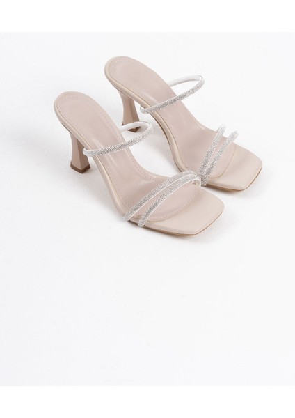 Alvina Premium Bej Taşlı İnce Bantlı Kadın Topuklu Terlik
