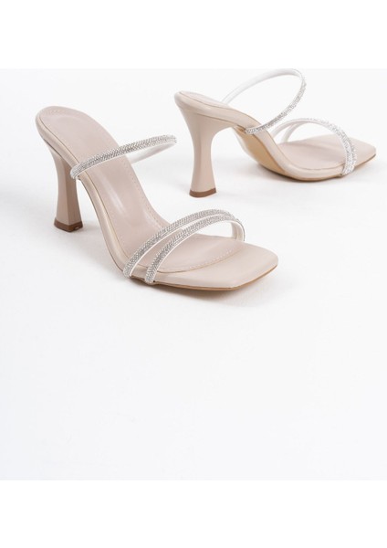 Alvina Premium Bej Taşlı İnce Bantlı Kadın Topuklu Terlik