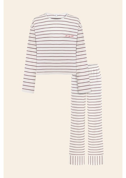 Pamuklu Çizgili Uzun Kollu Pijama Takımı / Bordo