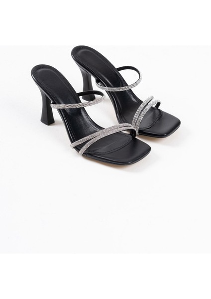 Alvina Premium Siyah Taşlı İnce Bantlı Kadın Topuklu Terlik