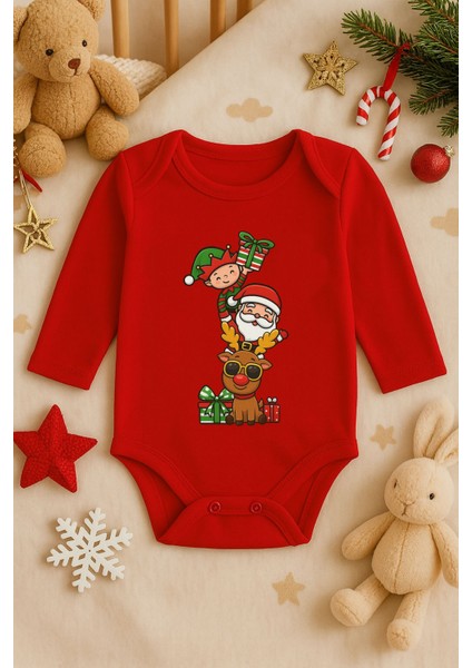 2026 Yeni Yıl Yılbaşı Noel Baskılı Pamuklu Uzun Kollu Çıtçıtlı Bebek Kırmızı Body Zıbın Atlet Tulum