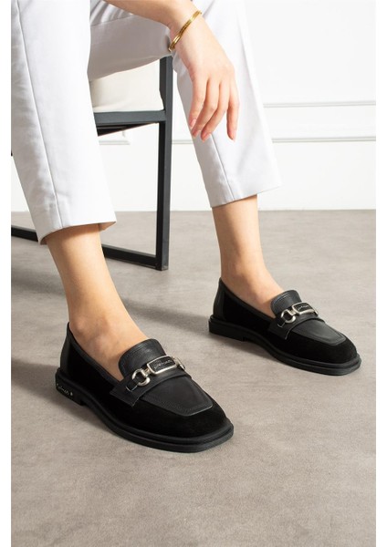 Kadın Loafer Ayakkabı Hakiki Deri Siyah Kısa Topuklu Casual/günlük