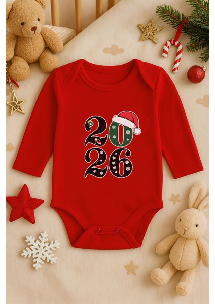 2026 Yeni Yıl Yılbaşı Noel Baskılı Pamuklu Uzun Kollu Çıtçıtlı Bebek Kırmızı Body Zıbın Atlet Tulum