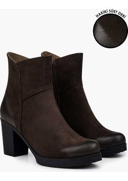 Kadın Hero Kahve Hakiki Deri Nubuk Topuklu Bot