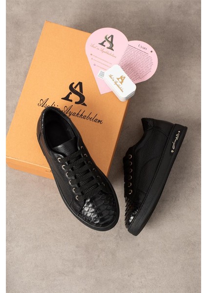 Kadın Sneaker Hakiki Deri Siyah Kısa Topuklu Casual/günlük