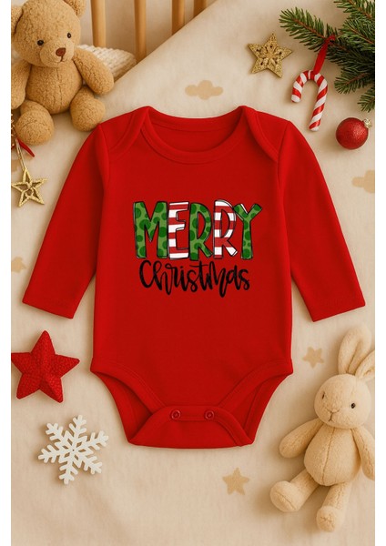 2026 Yeni Yıl Yılbaşı Noel Baskılı Pamuklu Uzun Kollu Çıtçıtlı Bebek Kırmızı Body Zıbın Atlet Tulum
