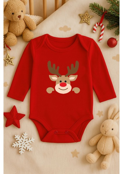 2026 Yeni Yıl Yılbaşı Noel Baskılı Pamuklu Uzun Kollu Çıtçıtlı Bebek Kırmızı Body Zıbın Atlet Tulum
