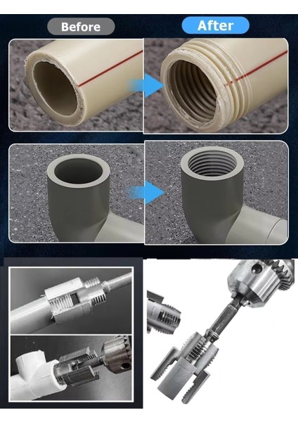 Pprc Pvc Boru Diş Açma Aparatı Tamir Onarım Montaj Için 3/4" Matkap Adaptörlü Tesisatcı Rayba Klavuz