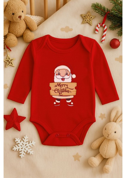 2026 Yeni Yıl Yılbaşı Noel Baskılı Pamuklu Uzun Kollu Çıtçıtlı Bebek Kırmızı Body Zıbın Atlet Tulum