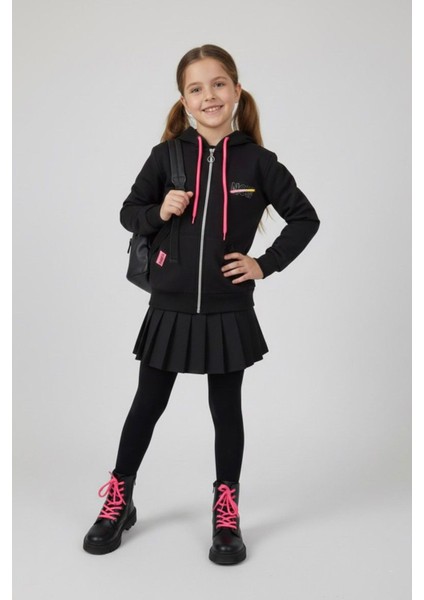 Neon Detaylı Lady Kız Çocuk Kapüşonlu hırka - Siyah