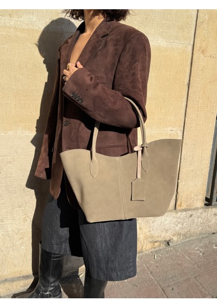 Ilot.ıstanbul | Mat Süet Görünümlü Casual Tote Omuz Çantası Büyük Boy Bej-Taupe Günlük fırsatları
