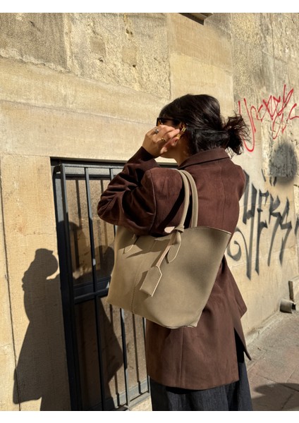 Ilot.ıstanbul | Mat Süet Görünümlü Casual Tote Omuz Çantası Büyük Boy Bej-Taupe Günlük indirimleri