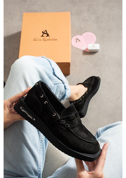 Kadın Loafer Ayakkabı Süet Siyah Kısa Topuklu Casual/günlük