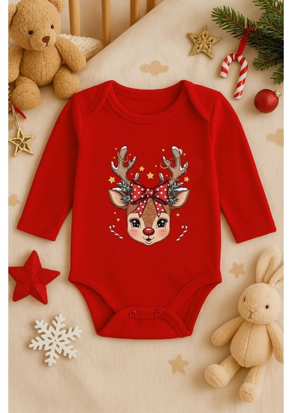 2026 Yeni Yıl Yılbaşı Noel Baskılı Pamuklu Uzun Kollu Çıtçıtlı Bebek Kırmızı Body Zıbın Atlet Tulum