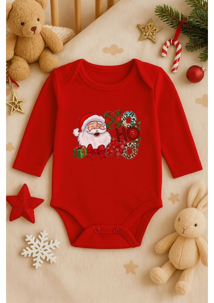 2026 Yeni Yıl Yılbaşı Noel Baskılı Pamuklu Uzun Kollu Çıtçıtlı Bebek Kırmızı Body Zıbın Atlet Tulum
