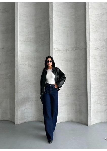 Zr Yakalı Siyah Bomber Deri Ceket