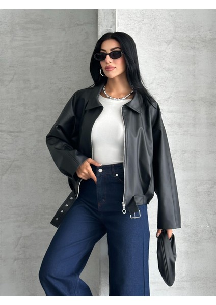 Zr Yakalı Siyah Bomber Deri Ceket modelleri